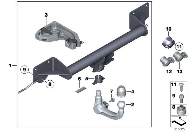 Picture board Towing hitch, detachable for the BMW X Series models  Original BMW spare parts from the electronic parts catalog (ETK) for BMW motor vehicles (car)   Adapter, Blind plug, Countersunk screw, Covering cap, Drawbar load ratings plate, Hex Bolt 