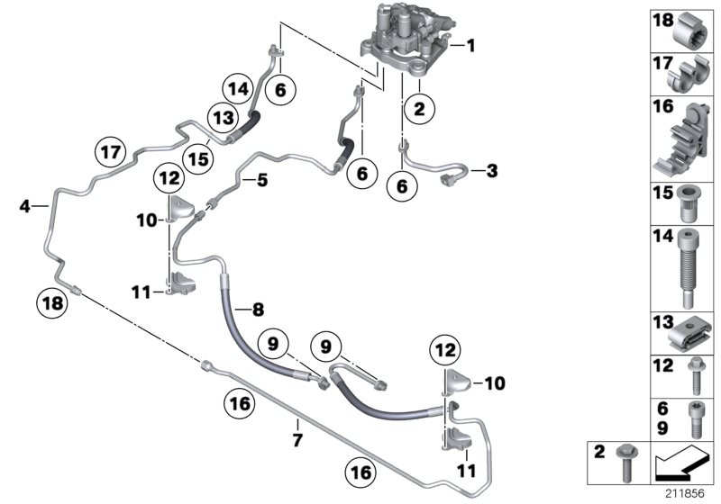 Picture board Valve block and add-on parts/Dyn.Drive for the BMW 6 Series models  Original BMW spare parts from the electronic parts catalog (ETK) for BMW motor vehicles (car)   Blind rivet nut, flat headed, Collar screw, Hex Bolt with washer, Holder lowe