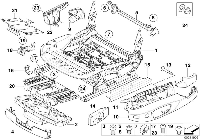 Picture board FRONT SEAT RAIL ELECTRICAL/SINGLE PARTS for the BMW 3 Series models  Original BMW spare parts from the electronic parts catalog (ETK) for BMW motor vehicles (car)   BRACKET CONTROL UNIT RIGHT, Bracket, control unit, Cable holder, Carrier thi