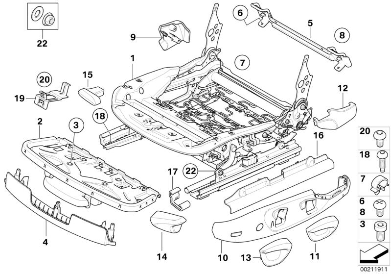 Picture board FRONT SEAT RAIL MECHANICAL/SINGLE PARTS for the BMW 1 Series models  Original BMW spare parts from the electronic parts catalog (ETK) for BMW motor vehicles (car)   Bracket, control unit, Cable holder, Carrier thigh support, Cover, belt catc