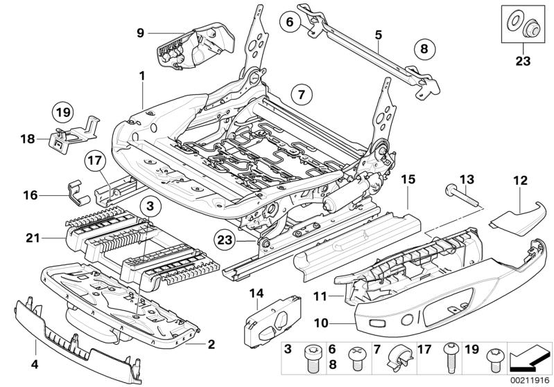 Bildtafel Sitz vorn Sitzschiene el./Einzelteile für die BMW 3er Modelle  Original BMW Ersatzteile aus dem elektronischen Teilekatalog (ETK) für BMW Kraftfahrzeuge( Auto)    Abdeckkappe Sitzschiene, Anbindung Oberschenkelauflage, Blechschraube, Blende Gurt