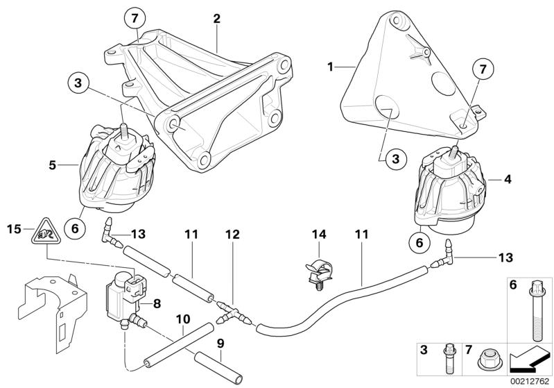 Picture board Engine Suspension for the BMW 3 Series models  Original BMW spare parts from the electronic parts catalog (ETK) for BMW motor vehicles (car)   Electric valve, Engine mount, left, Engine mount, right, Engine supporting bracket, left, Engine s