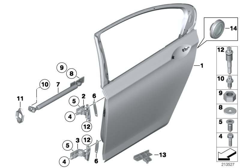 Picture board Rear door - hinge/door brake for the BMW 7 Series models  Original BMW spare parts from the electronic parts catalog (ETK) for BMW motor vehicles (car)   Compensating plate, Door brake, rear right, Door, rear left, Gasket door brake rear, He