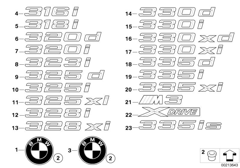 Illustration du Emblèmes / plaques pour les BMW 3 Série Modèles  Pièces de rechange d'origine BMW du catalogue de pièces électroniques (ETK) pour véhicules automobiles BMW (voiture)   EMBLEM ADHERED REAR, Grommet, Lettering, right, Plaque