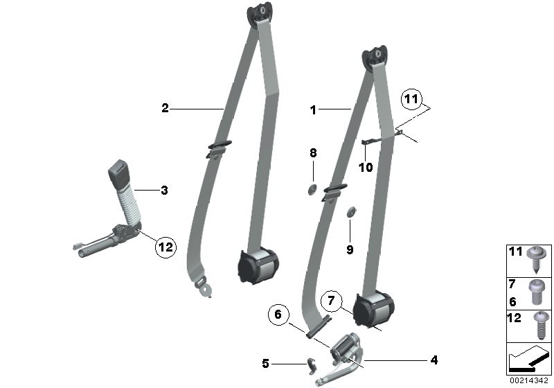 Bildtafel Sicherheitsgurt vorn für die BMW 5er Modelle  Original BMW Ersatzteile aus dem elektronischen Teilekatalog (ETK) für BMW Kraftfahrzeuge( Auto)    Blechschraube, Endbeschlagstrammer rechts, Gurtführung, Knopf oben, Knopf unten, Linsenschraube, Ob