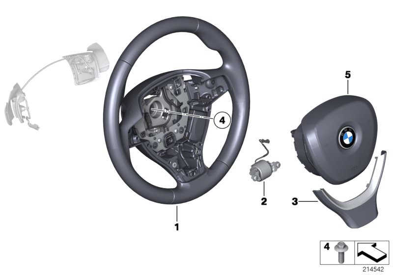 Picture board Sport st.wheel, airbag, multif./paddles for the BMW 5 Series models  Original BMW spare parts from the electronic parts catalog (ETK) for BMW motor vehicles (car)   Airbag module, driver´s side, Decorative trim, steering wheel, Hex Bolt, Spo