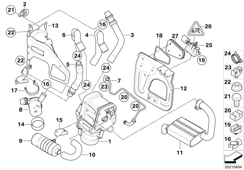 Picture board Spare parts, ind. heating, bypass system for the BMW 3 Series models  Original BMW spare parts from the electronic parts catalog (ETK) for BMW motor vehicles (car)   Air intake hose, Auxiliary heating, Bracket exhaust pipe, BRACKET FOR INDEP