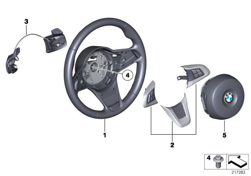 Picture board Sport steering wheel,airbag, w/ paddles for the BMW Z Series models  Original BMW spare parts from the electronic parts catalog (ETK) for BMW motor vehicles (car)   Airbag module, driver´s side, Hex Bolt, Set of rocker switches, Set, multifu