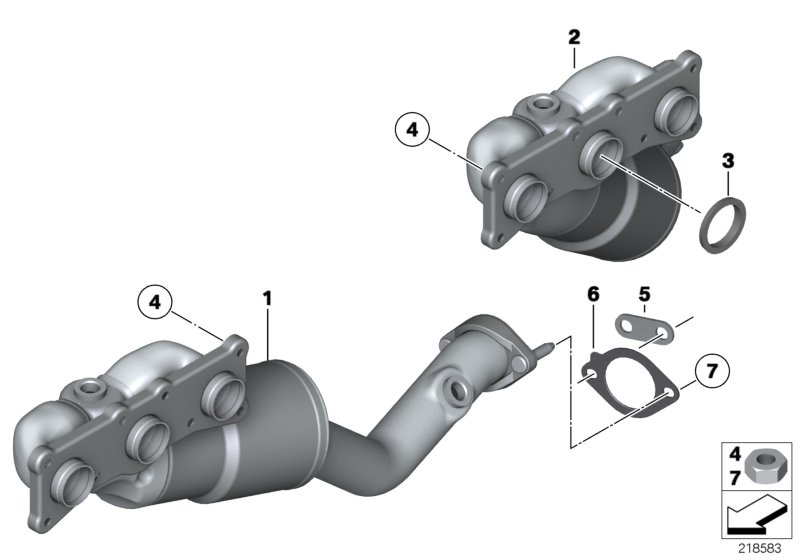 Picture board Exhaust manifold with catalyst for the BMW 5 Series models  Original BMW spare parts from the electronic parts catalog (ETK) for BMW motor vehicles (car)   CONNECTION PLATE, Flat gasket, Gasket ring, Hex nut, Rmfd exhaust manifold with catal