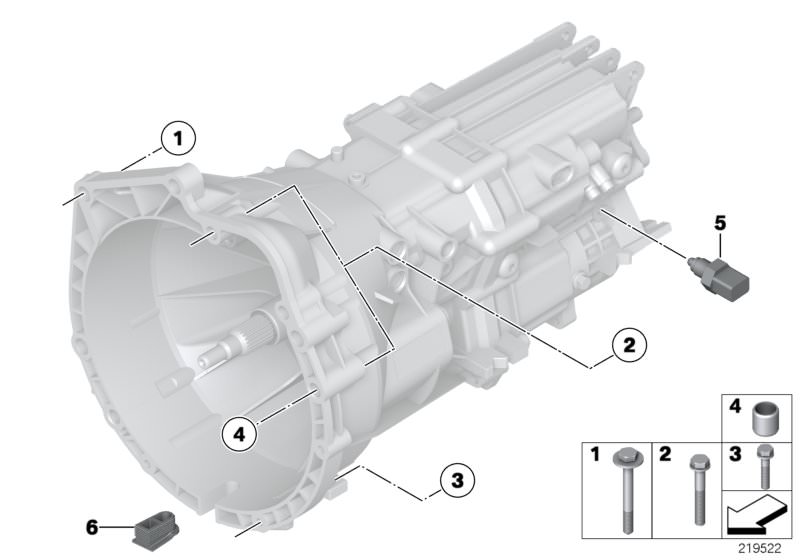 Illustration du Pieces de fixation de boite de vitesses pour les BMW 5 Série Modèles  Pièces de rechange d'origine BMW du catalogue de pièces électroniques (ETK) pour véhicules automobiles BMW (voiture)   ASA-Bolt, Blind plug, Dowel, REVERSING LIGHT SWITC