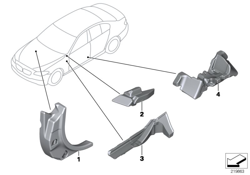 Bildtafel Schallisolierung für die BMW 5er Modelle  Original BMW Ersatzteile aus dem elektronischen Teilekatalog (ETK) für BMW Kraftfahrzeuge( Auto)    Abdichtung A-Säule rechts, Schallisolierung A-Säule rechts, Schallisolierung A-Säule unten rechts, Scha