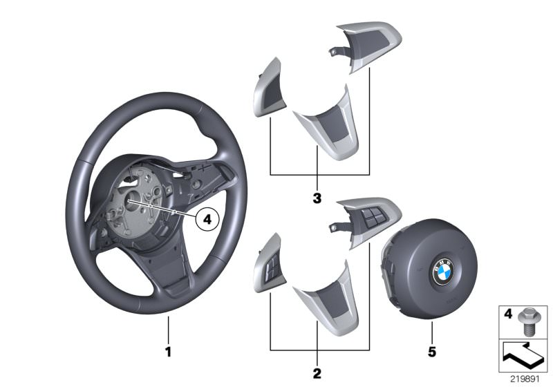 Picture board Airbag sports steering wheel, leather for the BMW Z Series models  Original BMW spare parts from the electronic parts catalog (ETK) for BMW motor vehicles (car)   Airbag module, driver´s side, Hex Bolt, Set of spoke covers, Set, multifunctio