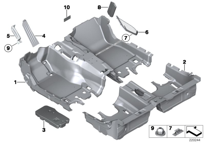Picture board Floor covering for the BMW 6 Series models  Original BMW spare parts from the electronic parts catalog (ETK) for BMW motor vehicles (car)   Bracket, footrest, Cap nut, Clip, Floor covering, rear, Floor trim, front, Foam insert footwell front