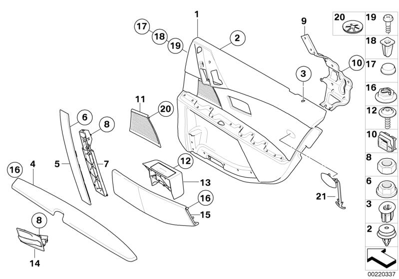 Picture board Door trim, rear for the BMW 5 Series models  Original BMW spare parts from the electronic parts catalog (ETK) for BMW motor vehicles (car)   Armrest, right, Ash tray, right, Axial securing clip, BAR RIGHT, Cap, Clip Natur, COVER F RIGHT LOUD