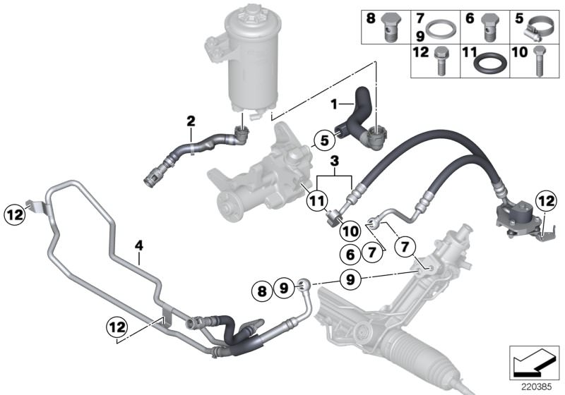 Picture board HYDRO STEERING-OIL PIPES for the BMW X Series models  Original BMW spare parts from the electronic parts catalog (ETK) for BMW motor vehicles (car)   Expansion hose, Fillister head screw, Gasket ring, Hex Bolt with washer, Hollow bolt, Hose 