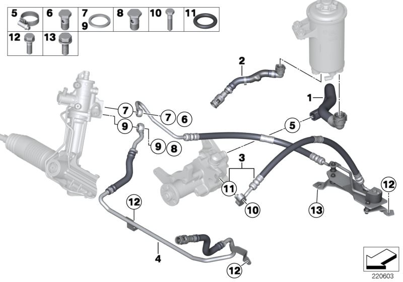 Picture board HYDRO STEERING-OIL PIPES for the BMW X Series models  Original BMW spare parts from the electronic parts catalog (ETK) for BMW motor vehicles (car)   Expansion hose, Fillister head screw, Gasket ring, Hex Bolt, Hex Bolt with washer, Hollow b