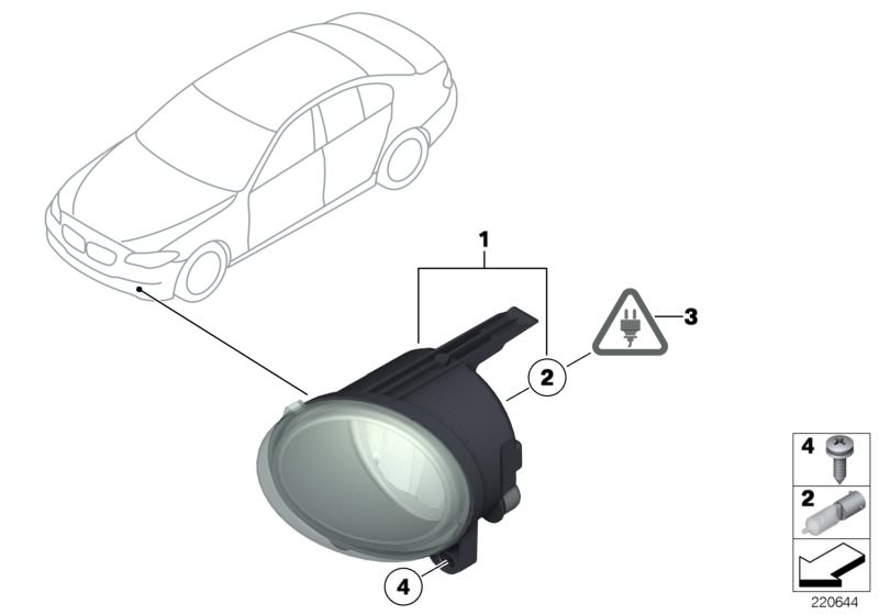 Bildtafel Nebelscheinwerfer für die BMW 5er Modelle  Original BMW Ersatzteile aus dem elektronischen Teilekatalog (ETK) für BMW Kraftfahrzeuge( Auto)    Glühlampe Longlife, Linsenschraube, Nebelscheinwerfer rechts, Rep.-Satz Buchsengehäuse