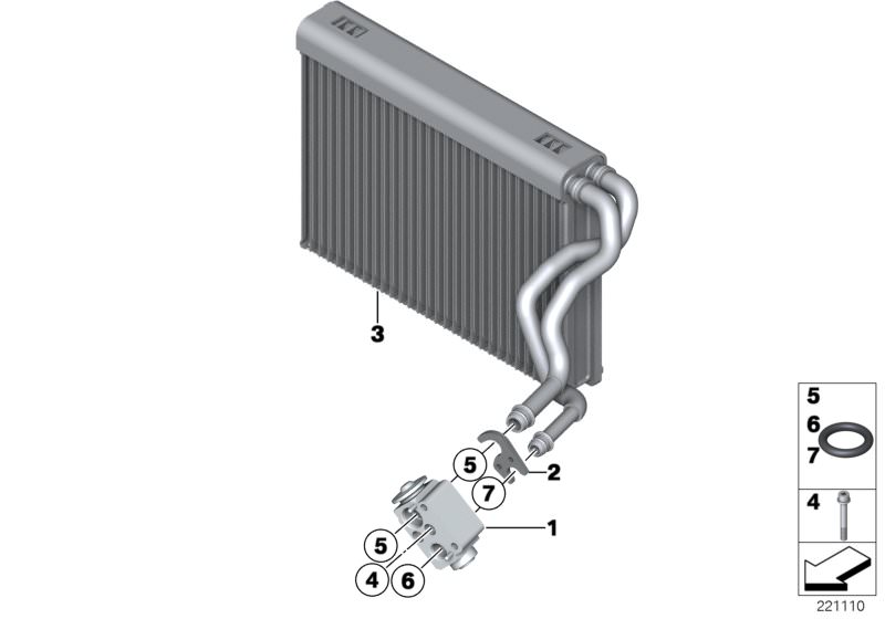 Picture board Evaporator / Expansion valve for the BMW X Series models  Original BMW spare parts from the electronic parts catalog (ETK) for BMW motor vehicles (car)   Evaporator, EXPANSION VALVE, Fixing clamp, Gasket ring, ISA screw