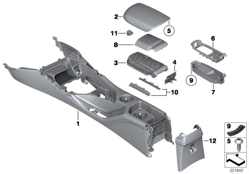 Picture board Retrofit equipm. armrest center console for the BMW X Series models  Original BMW spare parts from the electronic parts catalog (ETK) for BMW motor vehicles (car) 