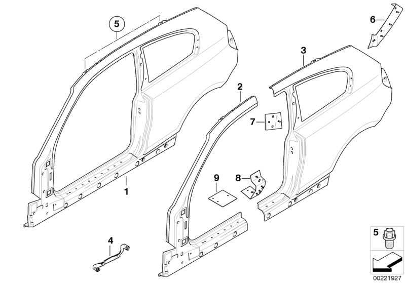 Illustration du BODY-SIDE FRAME pour les BMW 1 Série Modèles  Pièces de rechange d'origine BMW du catalogue de pièces électroniques (ETK) pour véhicules automobiles BMW (voiture)   Bracket, side panel, column A right, Column A exterior, left, Column A ext