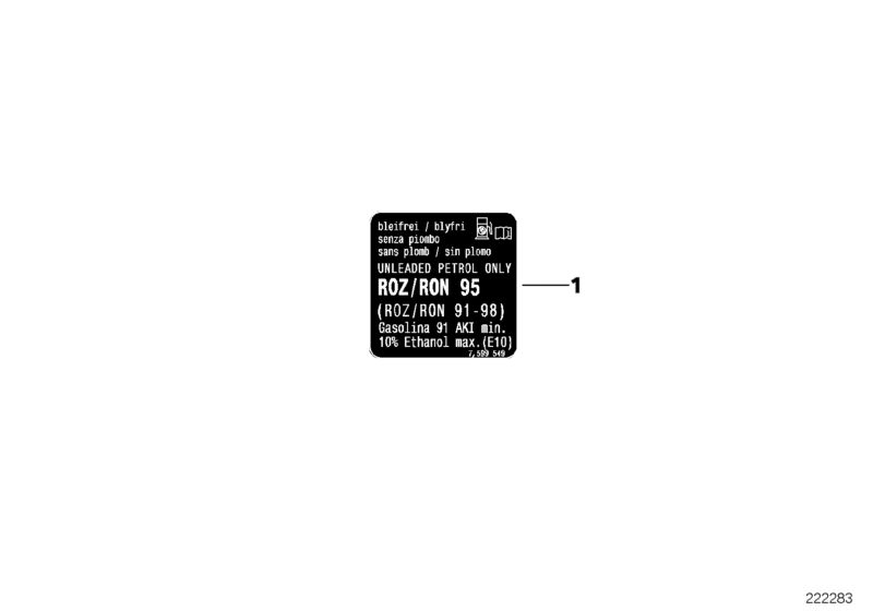 Picture board Information plate, fuel for the BMW X Series models  Original BMW spare parts from the electronic parts catalog (ETK) for BMW motor vehicles (car)   Label premium fuel unleaded 95(ROZ)