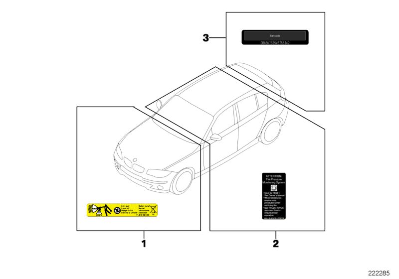 Picture board Assorted information plates for the BMW 7 Series models  Original BMW spare parts from the electronic parts catalog (ETK) for BMW motor vehicles (car)   Info label, emergency op., EMF trunk, Label ´´Brake fluid´´, Label ´´Reset´´