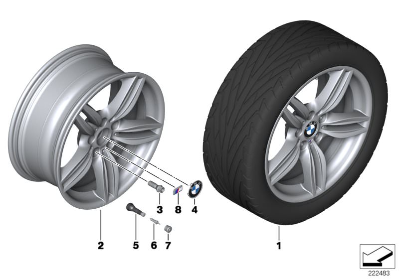 Illustration du BMW LA wheel, M double spoke 351 - 19´´ pour les BMW 5 Série Modèles  Pièces de rechange d'origine BMW du catalogue de pièces électroniques (ETK) pour véhicules automobiles BMW (voiture)   Disc wheel, light alloy, decor-silber, Hub cap wit