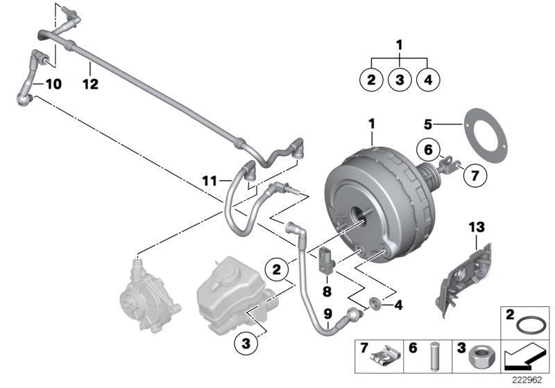 Bildtafel Bremskraftverstärker Unterdruck für die BMW X Modelle  Original BMW Ersatzteile aus dem elektronischen Teilekatalog (ETK) für BMW Kraftfahrzeuge( Auto)    Bolzen Bremspedal, Bremskraftverstärker, Dichtung, Dichtung Bremskraftverstärker, Drucksen