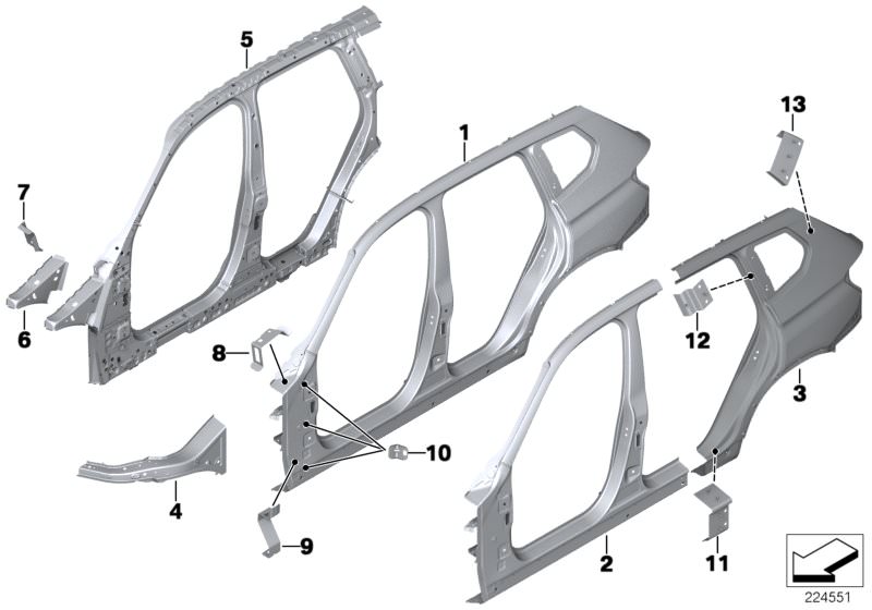 Picture board BODY-SIDE FRAME for the BMW X Series models  Original BMW spare parts from the electronic parts catalog (ETK) for BMW motor vehicles (car)   Bracket, side panel column A, Bracket, side panel, top left, Bulkhead plate, A-pillar right, COLUMN 