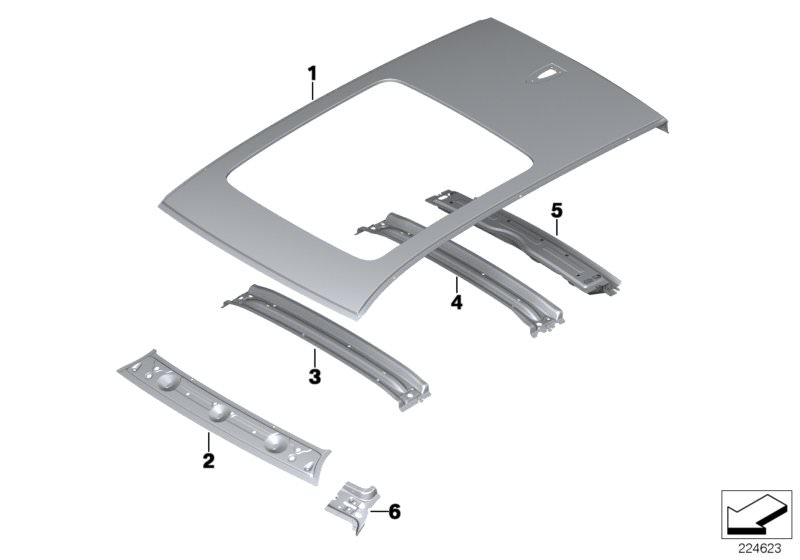 Picture board Roof for the BMW X Series models  Original BMW spare parts from the electronic parts catalog (ETK) for BMW motor vehicles (car)   Connection, A-pillar/cowl panel, right, Rear roof bow, Rear window frame, Roof bow, front, Roof panel, UPPER AP