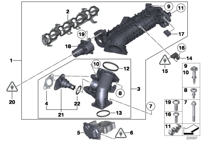 Picture board Intake manifold AGR with flap control for the BMW X Series models  Original BMW spare parts from the electronic parts catalog (ETK) for BMW motor vehicles (car)   Adjuster unit, ASA screw with washer, Fastening elements, Gasket Steel, Intake