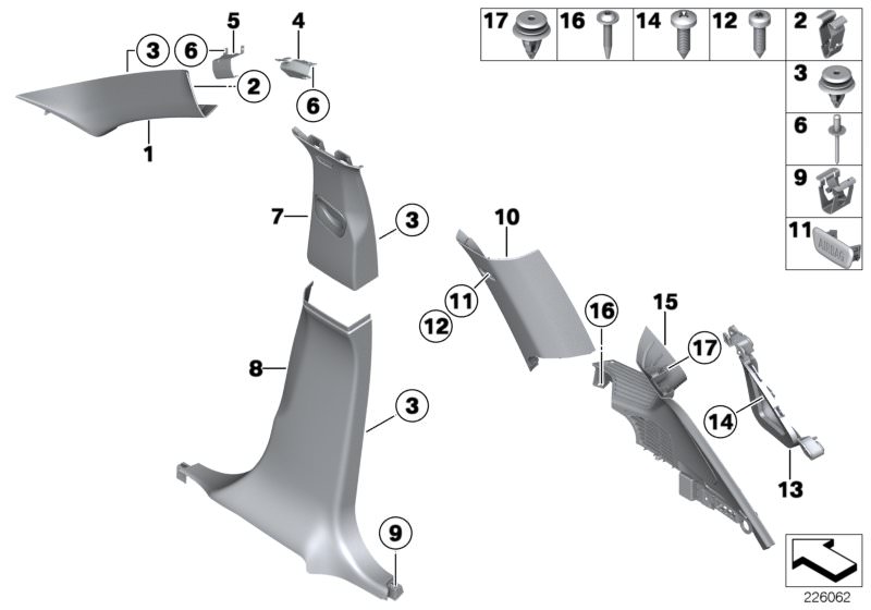 Illustration du Revêtement A- / B- / C- / D-Montant pour les BMW X Série Modèles  Pièces de rechange d'origine BMW du catalogue de pièces électroniques (ETK) pour véhicules automobiles BMW (voiture)   Bracket, right, Clamp, Clip blue, Clip Natur, Cover ca