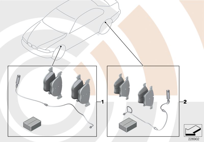 Picture board Service kit, brake pads / Value Line for the BMW 5 Series models  Original BMW spare parts from the electronic parts catalog (ETK) for BMW motor vehicles (car)   Set, brake pads, with brake-pad sensor