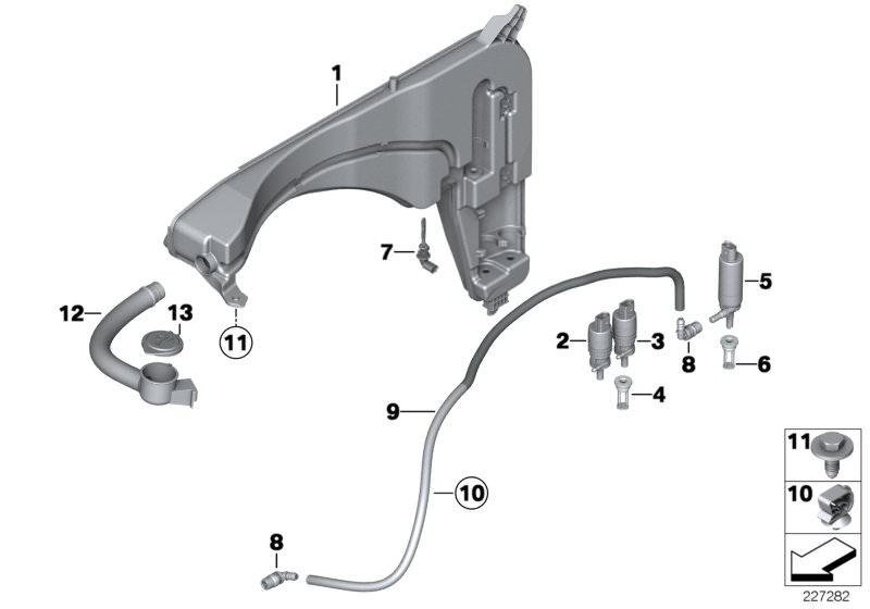 Picture board Reservoir,windscr./headlight washer sys. for the BMW X Series models  Original BMW spare parts from the electronic parts catalog (ETK) for BMW motor vehicles (car)   Cable clip, COVER F WINDSHIELD CLEANING CONTAINER, Filler pipe, wash contai