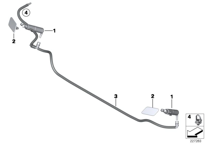 Illustration du SINGLE PARTS FOR HEAD LAMP CLEANING pour les BMW X Série Modèles  Pièces de rechange d'origine BMW du catalogue de pièces électroniques (ETK) pour véhicules automobiles BMW (voiture)   Cable strap with bracket, Hose line, headlight cleanin
