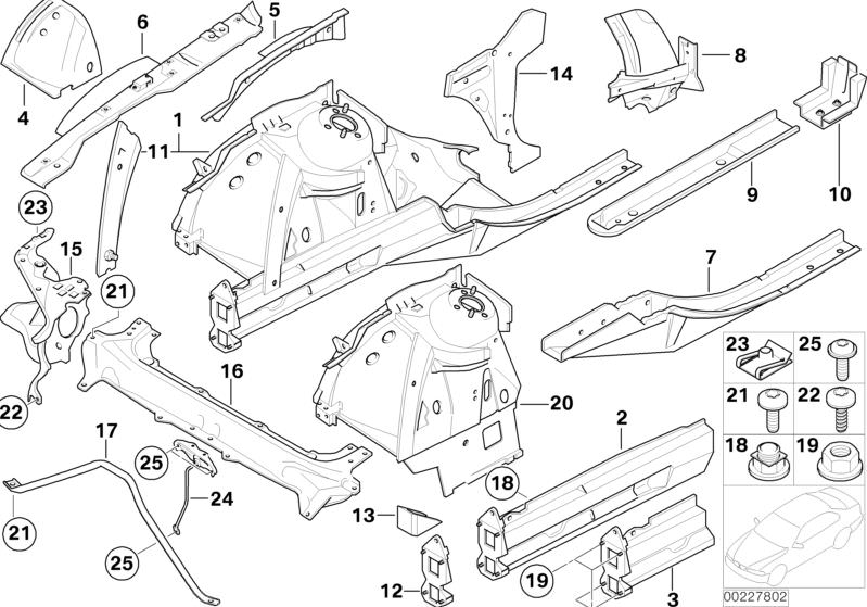 Picture board FRONT BODY PARTS for the BMW 7 Series models  Original BMW spare parts from the electronic parts catalog (ETK) for BMW motor vehicles (car)   Body nut, Diagonal rod, right, EARTH PIN, Engine support extension, Front left wheelhouse, FRONT PA