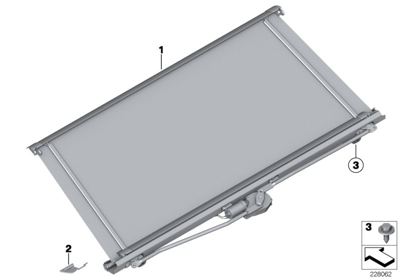 Picture board Roller sun blind, storage shelf for the BMW 7 Series models  Original BMW spare parts from the electronic parts catalog (ETK) for BMW motor vehicles (car)   Covering cap right, Roller sun screen, Screw, self tapping
