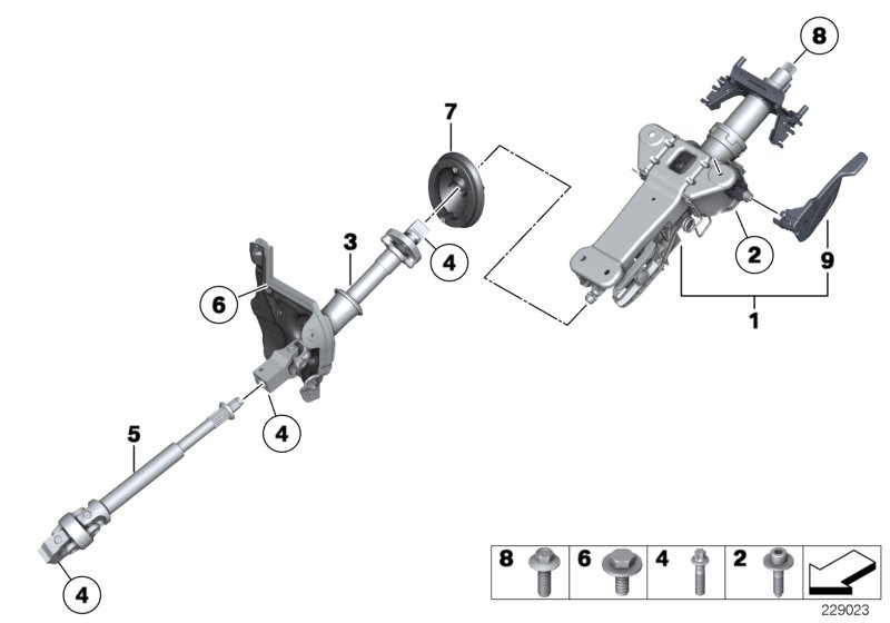 Picture board Steering column man.adjust./Mount. parts for the BMW 5 Series models  Original BMW spare parts from the electronic parts catalog (ETK) for BMW motor vehicles (car)   ADJUST-LEVER, Cup, Fillister head with washer, Hex Bolt, Hex Bolt with wash