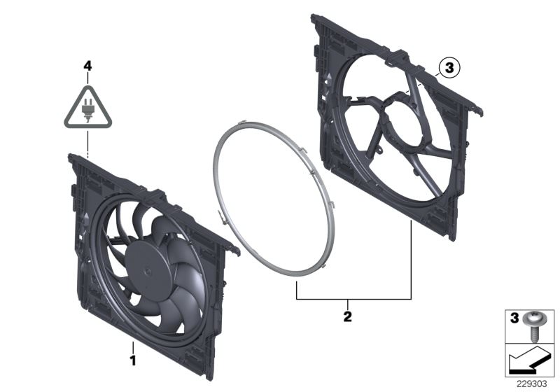 Bildtafel Lüfterzarge/Lüfter für die BMW 7er Modelle  Original BMW Ersatzteile aus dem elektronischen Teilekatalog (ETK) für BMW Kraftfahrzeuge( Auto)    Lüfterzarge mit Akustikring, Lüfterzarge mit Lüfter, Schraube