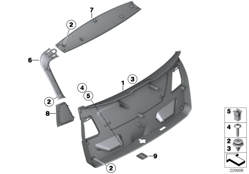 Picture board Trim panel, trunk lid for the BMW X Series models  Original BMW spare parts from the electronic parts catalog (ETK) for BMW motor vehicles (car)   Clip, Clip Natur, Cover, catch bracket, Expanding nut, Fillister head screw, LOWER TAIL LID TR