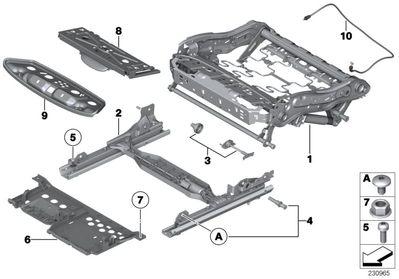Picture board Seat, front, seat frame for the BMW 5 Series models  Original BMW spare parts from the electronic parts catalog (ETK) for BMW motor vehicles (car)   Bowden cable, Carrier plate, right, Fillister head screw, Hex nut, Mechanical system, thigh 