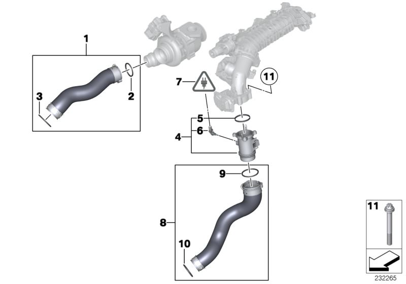 Picture board INTAKE MANIFOLD-SUPERCHARG.AIR DUCT/AGR for the BMW X Series models  Original BMW spare parts from the electronic parts catalog (ETK) for BMW motor vehicles (car)   ASA screw with washer, Charge air line, Charge air tube, Pre-formed seal, Pr
