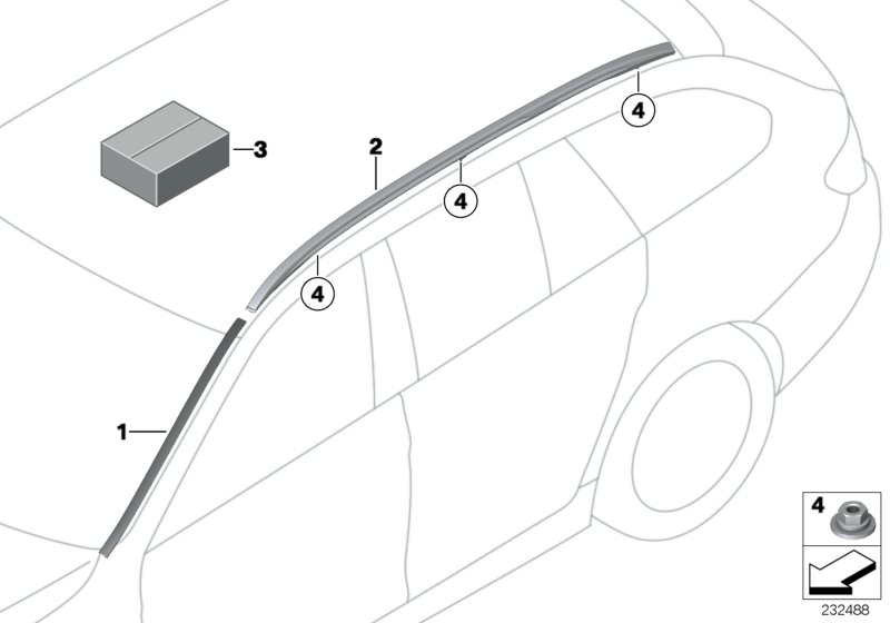 Illustration du Post-équipement rampes de toit pour les BMW 5 Série Modèles  Pièces de rechange d'origine BMW du catalogue de pièces électroniques (ETK) pour véhicules automobiles BMW (voiture) 