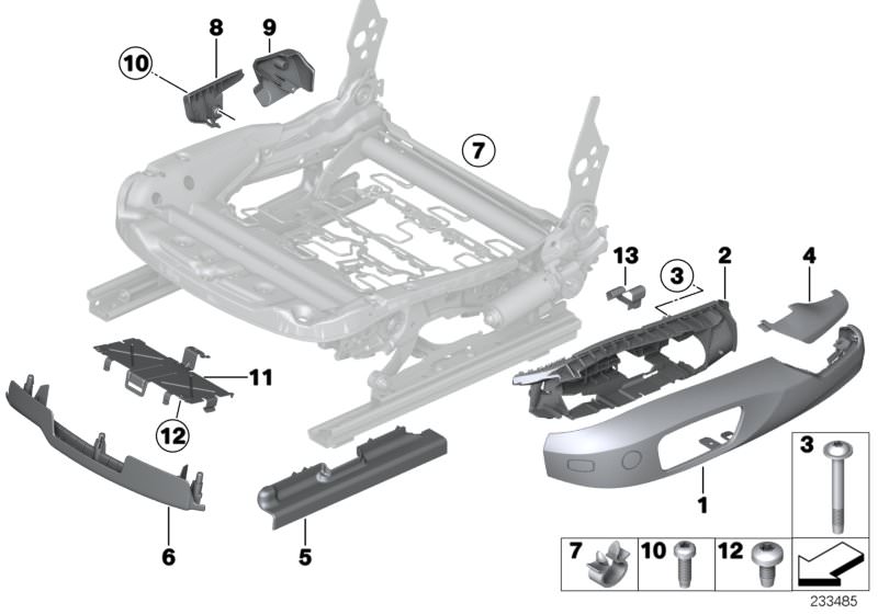 Bildtafel Sitz vorn Sitzblenden elektrisch für die BMW X Modelle  Original BMW Ersatzteile aus dem elektronischen Teilekatalog (ETK) für BMW Kraftfahrzeuge( Auto)    Abdeckkappe Sitzschiene, Blende Gurtendbeschlag links, Blende Gurtschlossabweiser rechts,