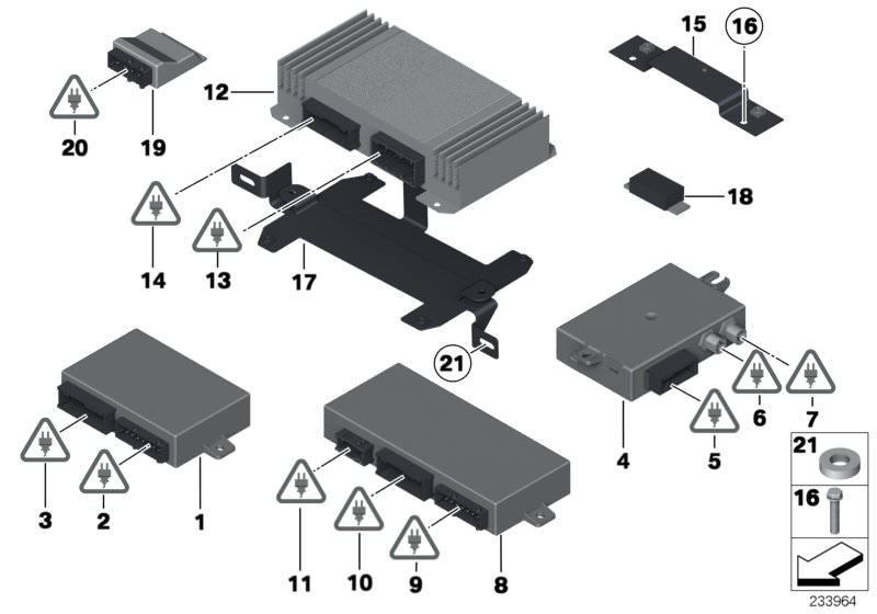 Picture board Control unit, Security for the BMW 5 Series models  Original BMW spare parts from the electronic parts catalog (ETK) for BMW motor vehicles (car)   Control unit Security Audio, Control unit Security Basis