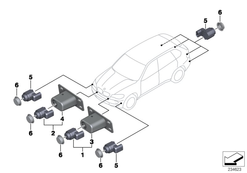 Illustration du Capteur  pour les BMW X Série Modèles  Pièces de rechange d'origine BMW du catalogue de pièces électroniques (ETK) pour véhicules automobiles BMW (voiture)   Bracket PDC interior, left, Bracket PDC interior, right, Decoupling ring PDC torq