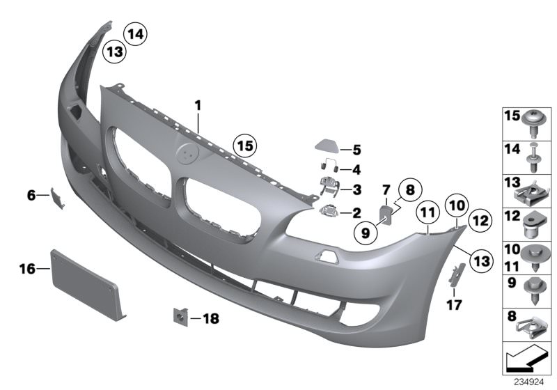 Picture board Trim panel, front for the BMW 5 Series models  Original BMW spare parts from the electronic parts catalog (ETK) for BMW motor vehicles (car)   Bracket, right, C-clip nut, C-clip nut, self-locking, Cover left painted, Cover, towing lug, front