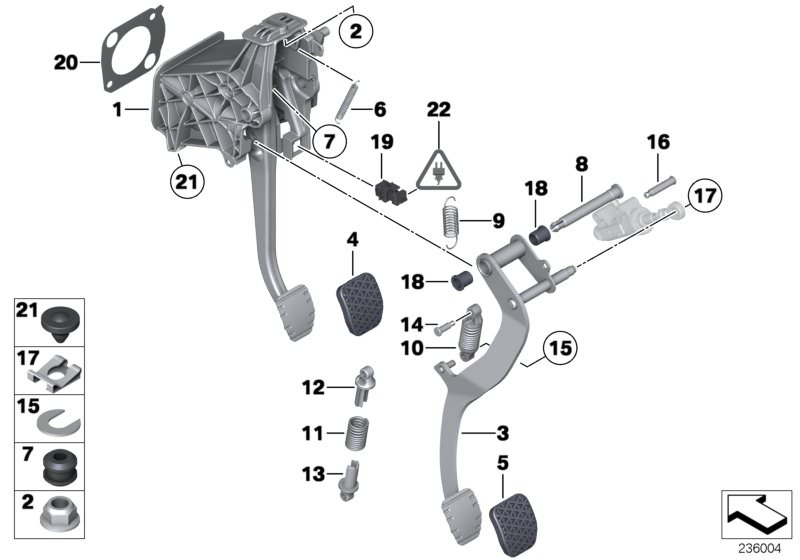 Picture board Pedals, manual gearbox for the BMW 5 Series models  Original BMW spare parts from the electronic parts catalog (ETK) for BMW motor vehicles (car)   Bracket, compression spring, Bush bearing, Circlip, CLUTCH LEVER RETURN SPRING, CLUTCH PEDAL,