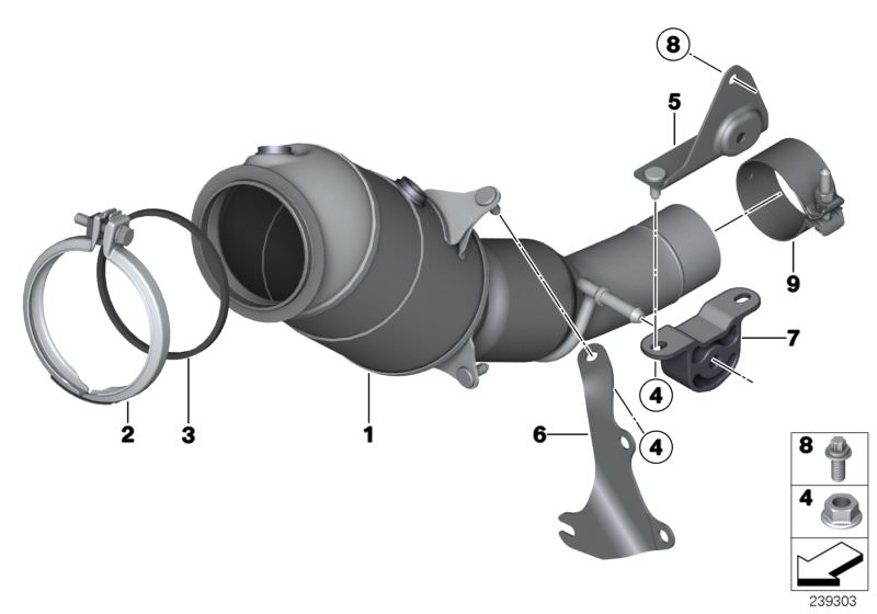 Picture board Engine-compartment catalytic converter for the BMW 5 Series models  Original BMW spare parts from the electronic parts catalog (ETK) for BMW motor vehicles (car)   ASA-Bolt, Exch catalytic converter close to engine, Gasket ring, Hex nut, Hol