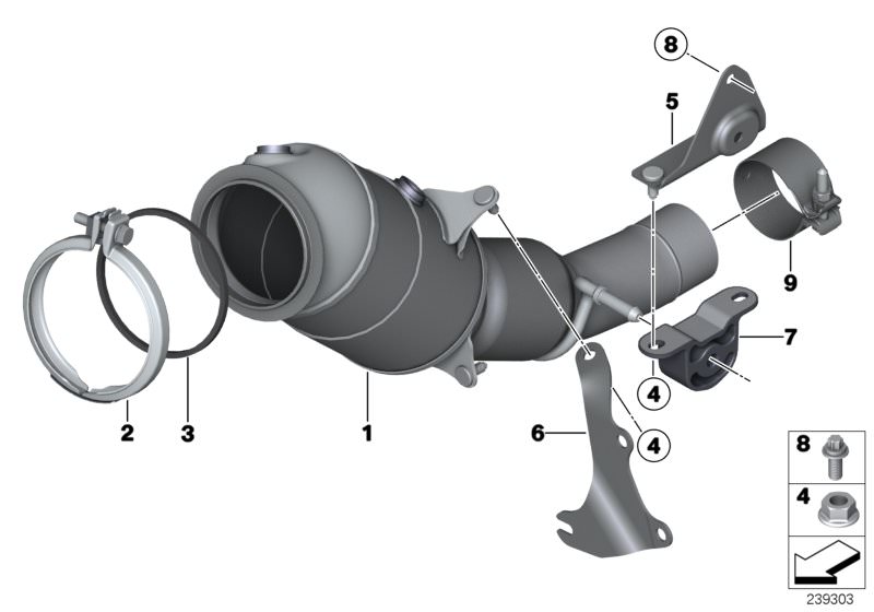 Picture board Engine-compartment catalytic converter for the BMW X Series models  Original BMW spare parts from the electronic parts catalog (ETK) for BMW motor vehicles (car)   ASA-Bolt, Exch catalytic converter close to engine, Gasket ring, Hex nut, Hol